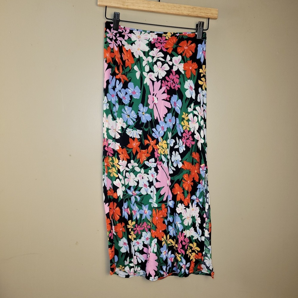 Old Navy Skirt Womens XS Black Floral Maxi Pull On Side Slit‎ Rayon Viscose